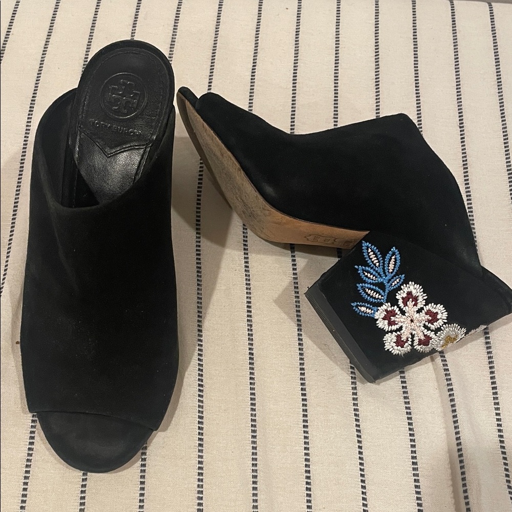 Tory Burch Black Floral Embroidered Mules